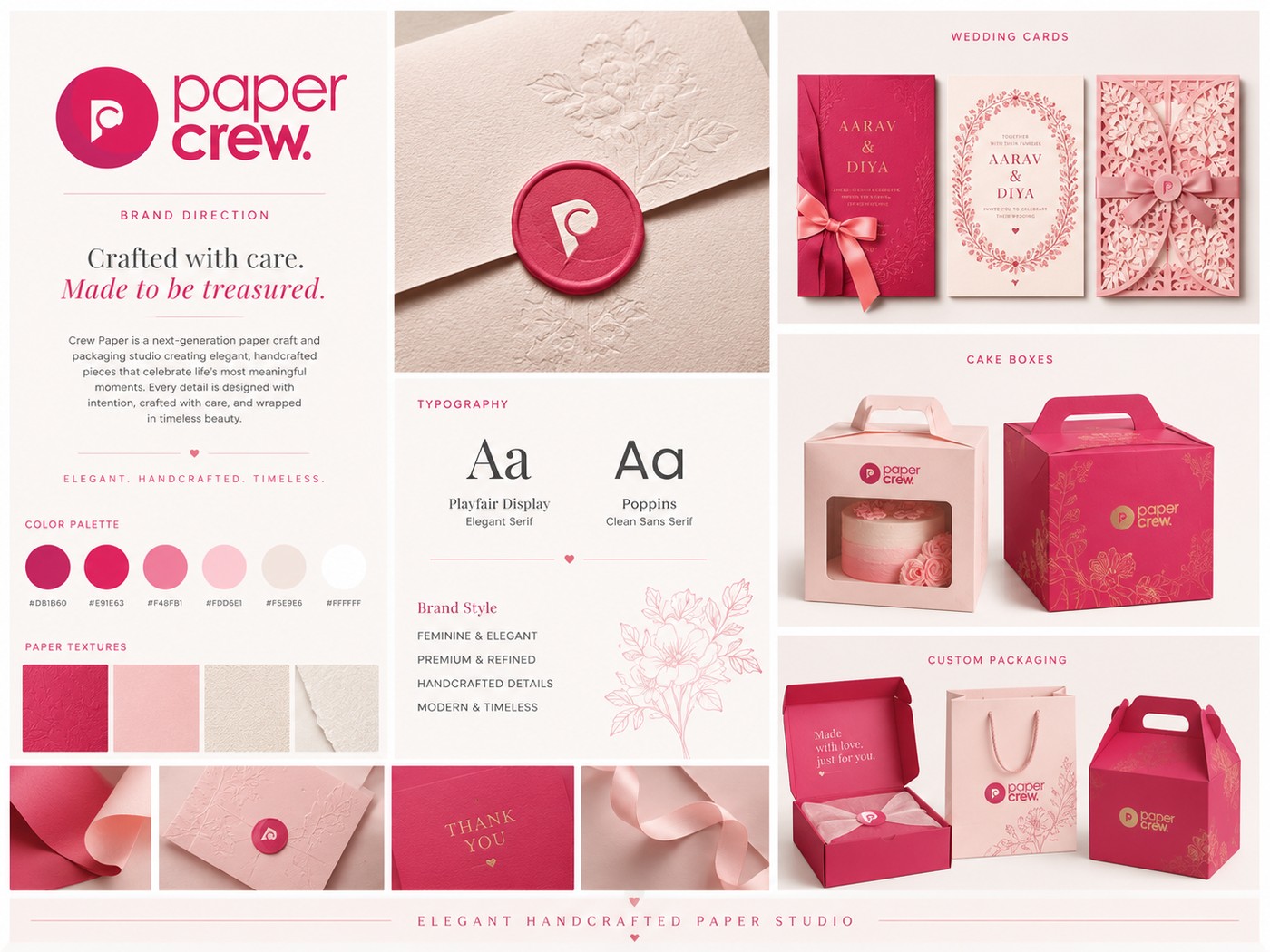 Paper Crew brand board — wedding cards, cake boxes and custom packaging direction