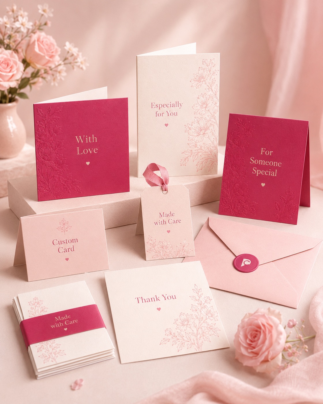 Custom printed celebration cards in deep raspberry