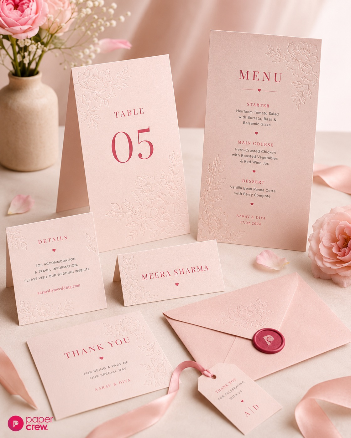 Wedding menu, table number and place cards by Paper Crew