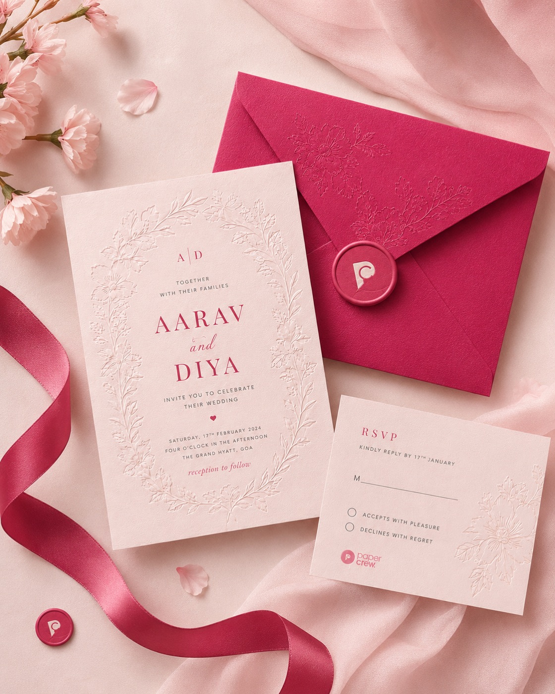 Embossed wedding invitation suite with ribbon and wax seal by Paper Crew Sri Lanka