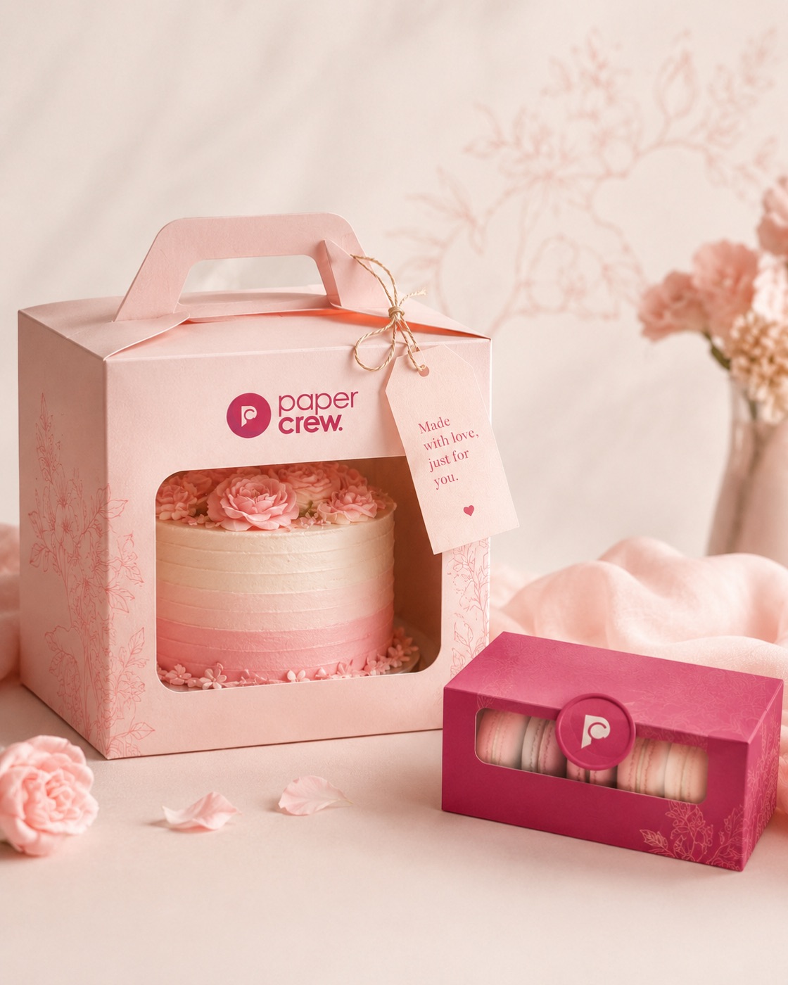 Blush cake box with window and macaron box by Paper Crew