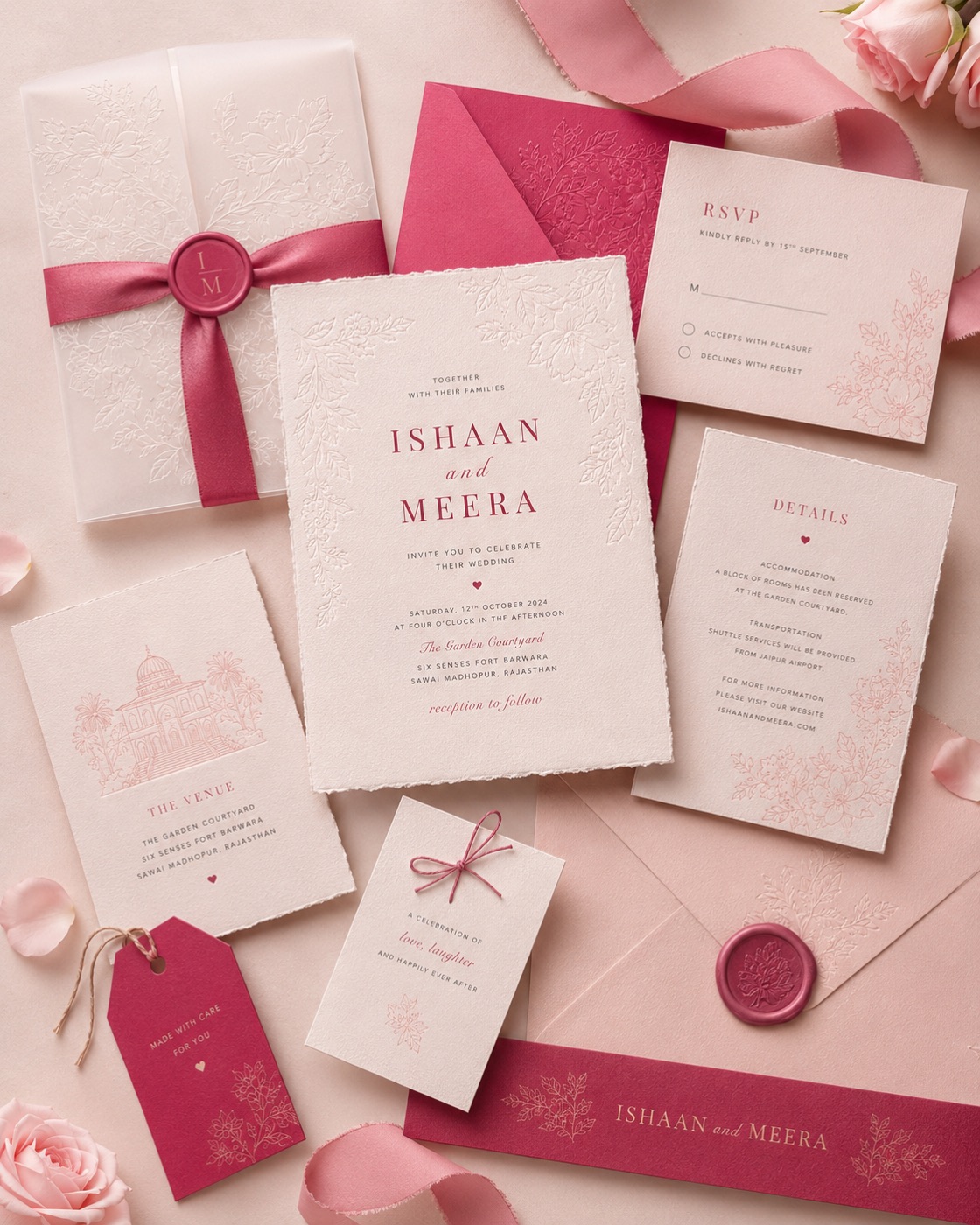 Close-up of embossed invitation print and wax seal