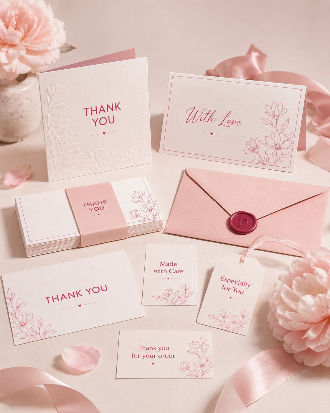 Raspberry thank-you card with wax-sealed envelope